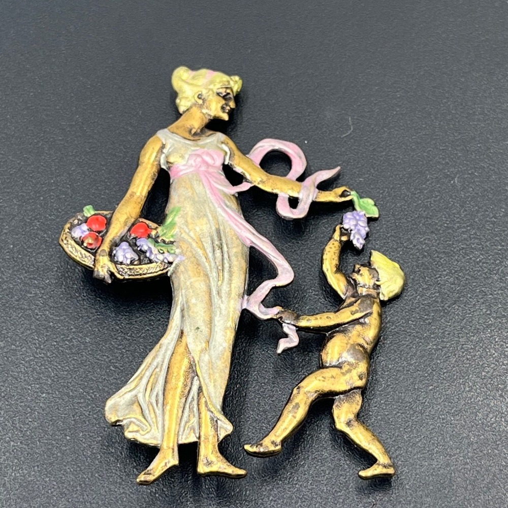 Topshelf Vintage Goddess Victorian Mother and Child Fruit Basket Brooch‎